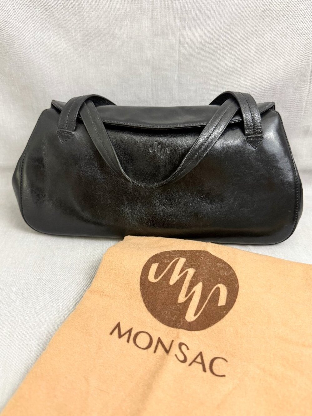 Monsac Black Leather Baguette Shoulder Bag Flap Closure w/Dust Bag